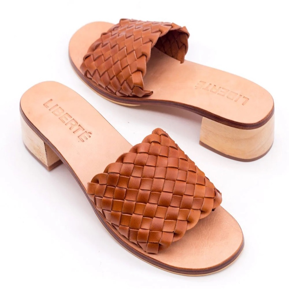 LIBERTÉ Santorini Leather Woven Cognac Mules Heeled Open Toe Sandals - Picture 3 of 14